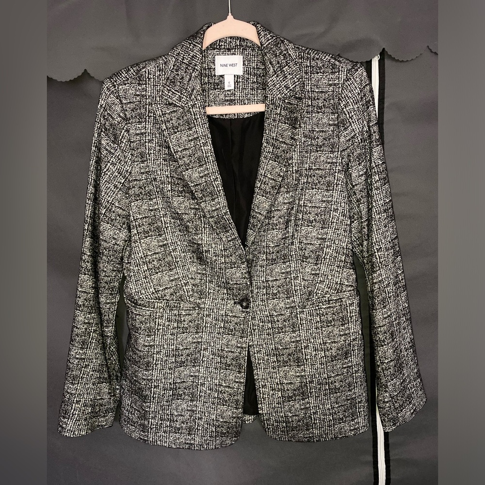 Nine West Black and White Tweed One-Button Blazer